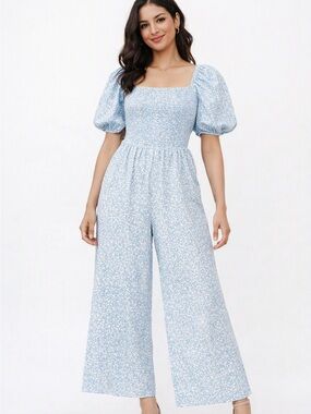 Blue Floral Puff-Sleeve Jumpsuit